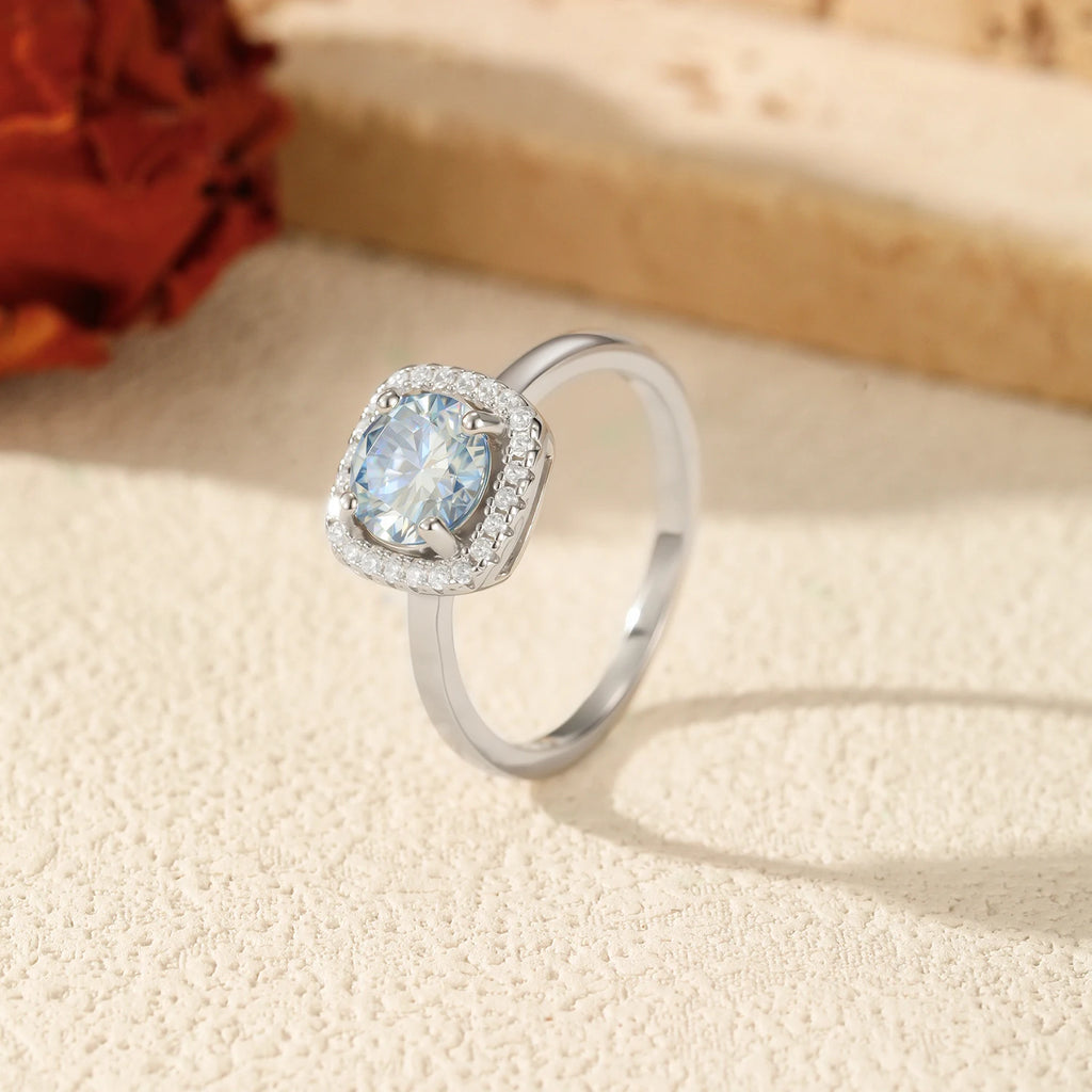 Sea Blue Moissanite Ring - 18K White Gold Plated