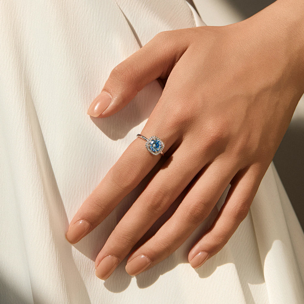Sea Blue Moissanite Ring - 18K White Gold Plated