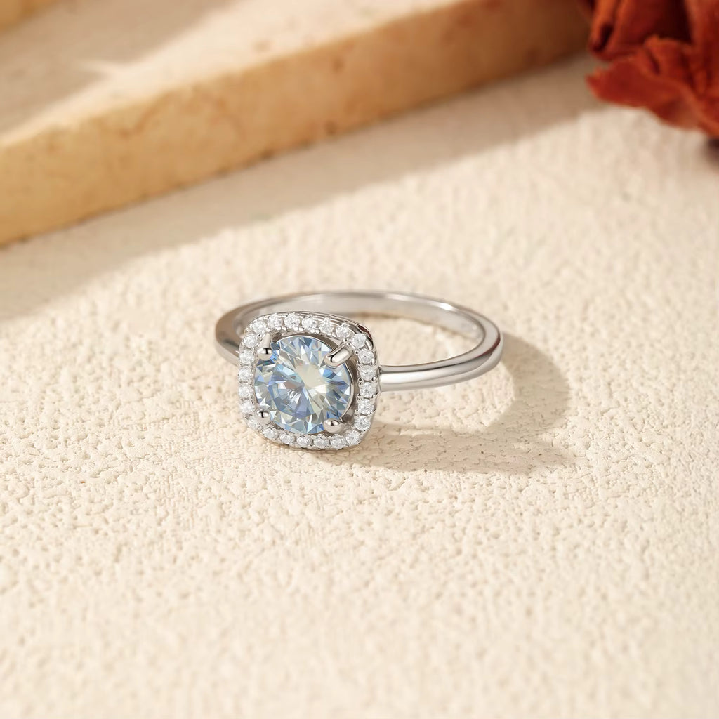 Sea Blue Moissanite Ring - 18K White Gold Plated