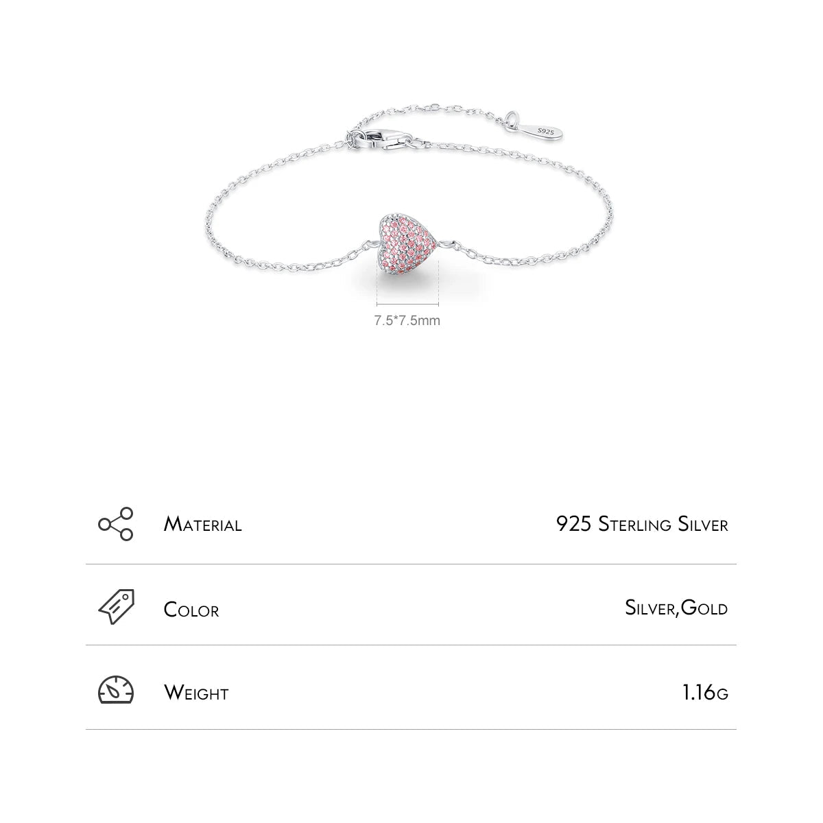 Light Pink Heart Zircon Sterling Silver Bracelet